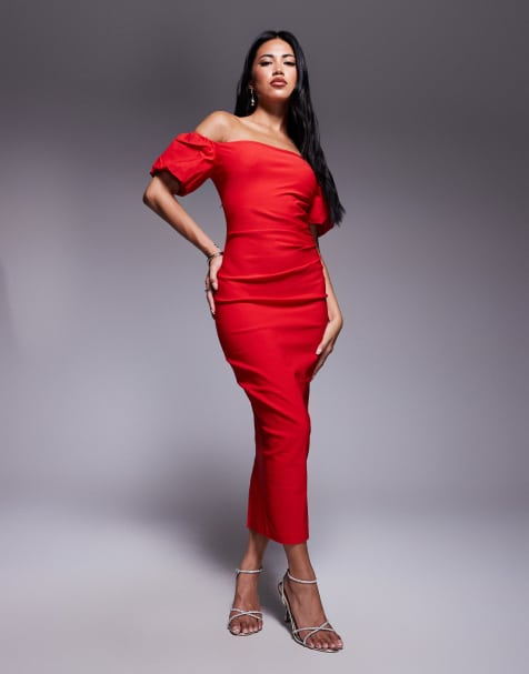 Vesper bengaline bandeau puff sleeve midaxi dress in red - view 1