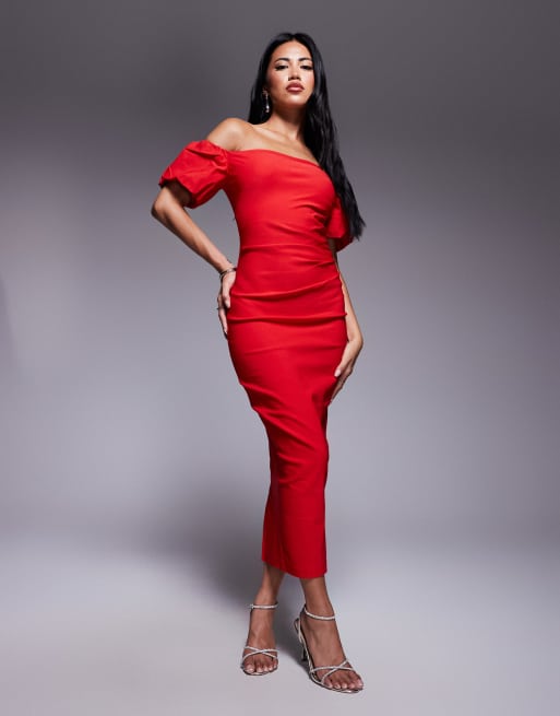 Vesper bengaline bandeau puff sleeve midaxi dress in red