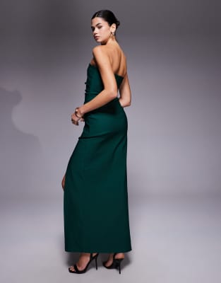 Vesper Bengaline Bandeau Ruched Slit Front Maxi Dress In Animal Print