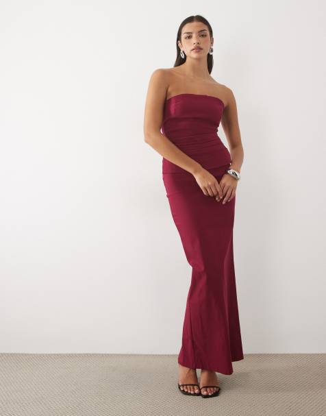 Vesper bengaline bandeau ruched waist detail maxi dress in berry - view 1