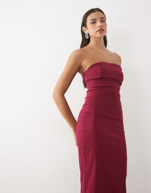 Vesper bengaline bandeau ruched waist detail maxi dress in berry, 2 of 4