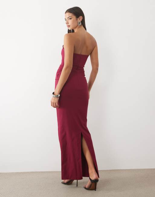 Vesper bengaline bandeau ruched waist detail maxi dress in berry, 4 of 4