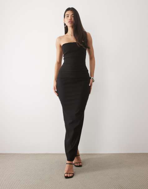 Vesper bengaline bandeau ruched waist detail maxi dress in black - view 1