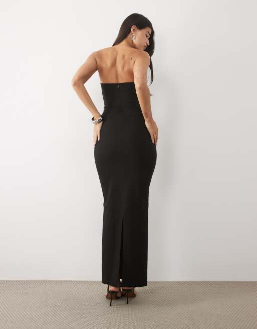 Vesper bengaline bandeau ruched waist detail maxi dress in black, 3 of 4