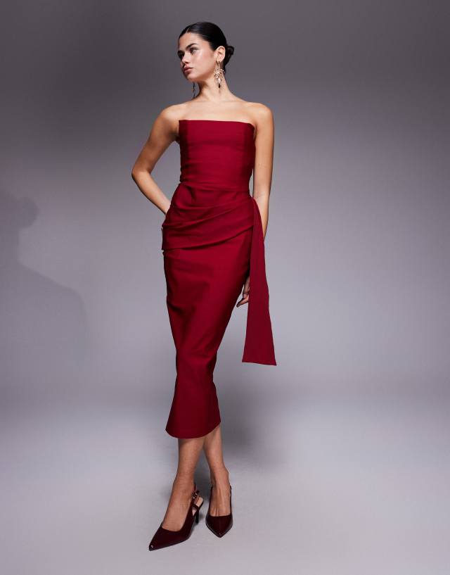 Vesper bengaline bandeau square edge drape front midi dress in wine