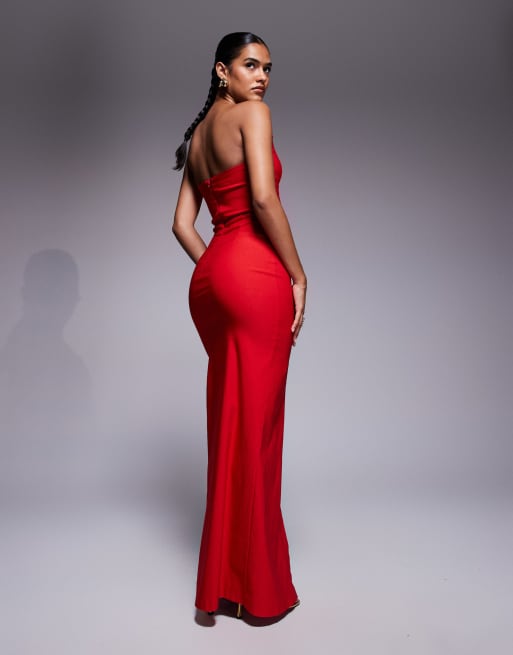Vesper bengaline bandeau square edge side split midaxi dress in red