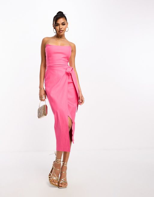 Vesper bengaline bandeau tie side tulip skirt midi dress in coral pink