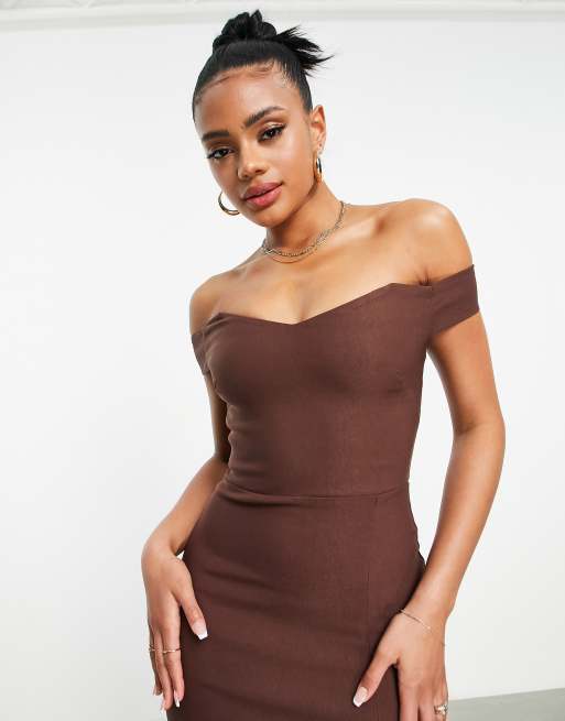 Vesper bengaline bardot bodycon dress with thigh split in brown | ASOS