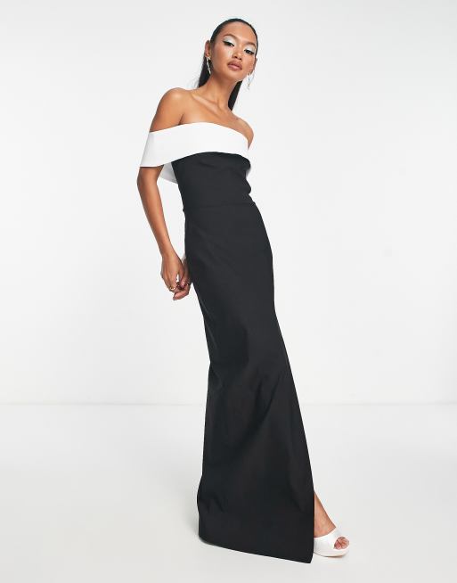Vesper bengaline bardot contrast panel detail maxi dress in mono