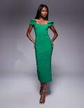 [Vesper] Vesper bengaline bardot drape sleeve detail midaxi dress in emerald-Green 16 Emerald