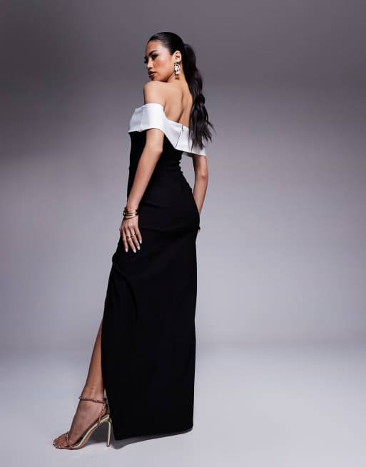 Vesper bardot foldover mono side split maxi dress in black