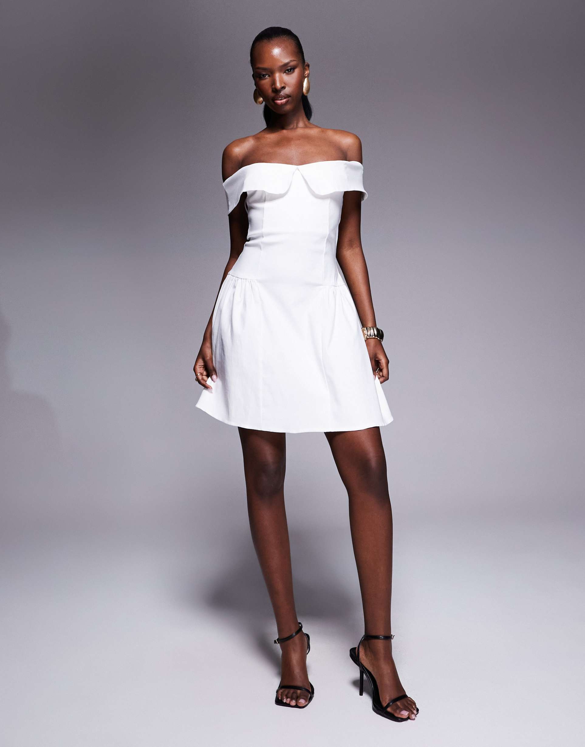 vesper bengaline bardot foldover skater mini dress in white