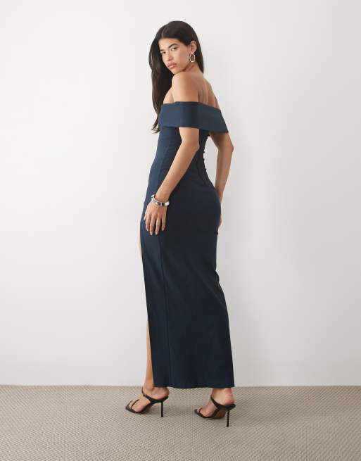 Vesper bengaline bardot foldover thigh split maxi dress in navy, 3 of 4