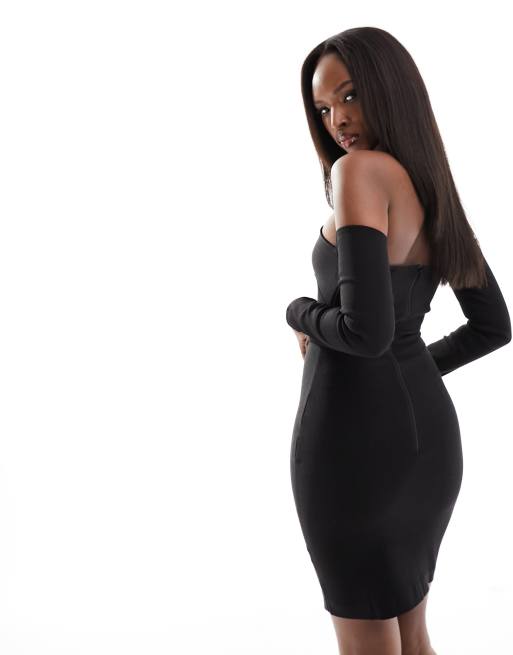 Vesper bengaline bardot long sleeve mini dress in black, 4 of 4