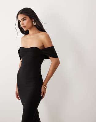 Vesper Bengaline Bardot Off Shoulder Bodycon Midaxi Dress In Black