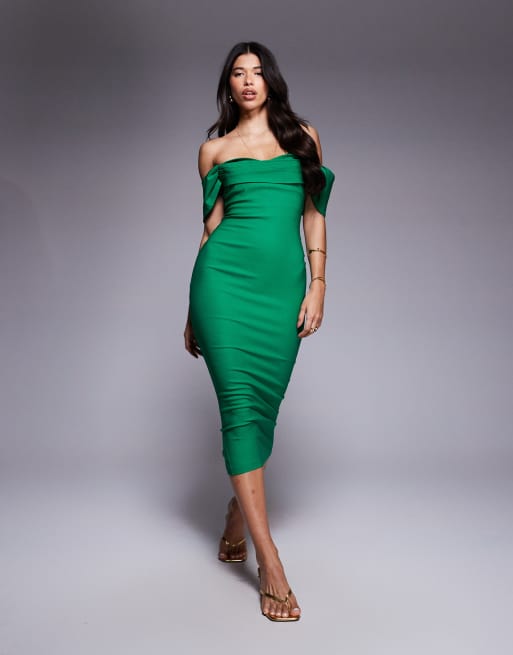Vesper bengaline bardot off shoulder bodycon midaxi dress in emerald