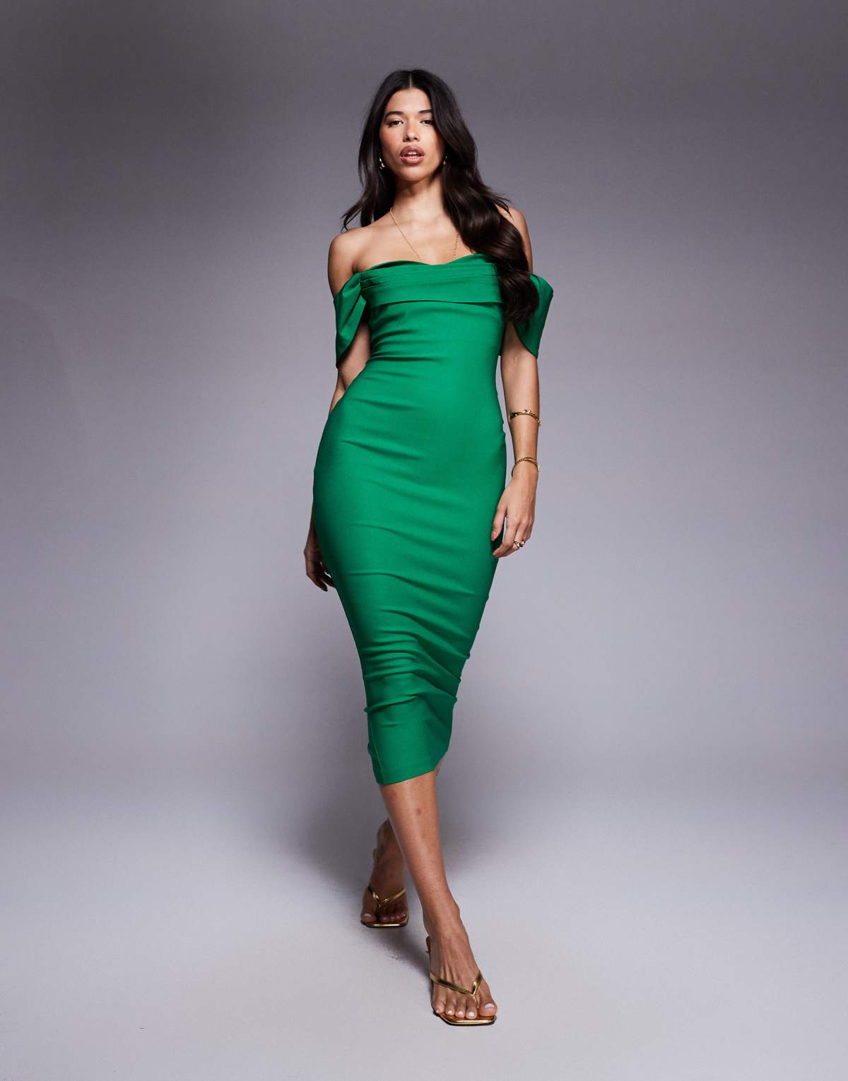 Vesper bengaline bardot off shoulder bodycon midaxi dress in emerald