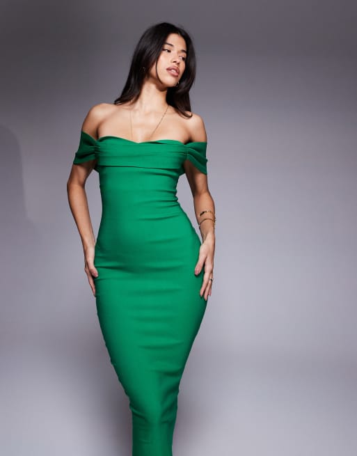 Vesper bengaline bardot off shoulder bodycon midaxi dress in emerald