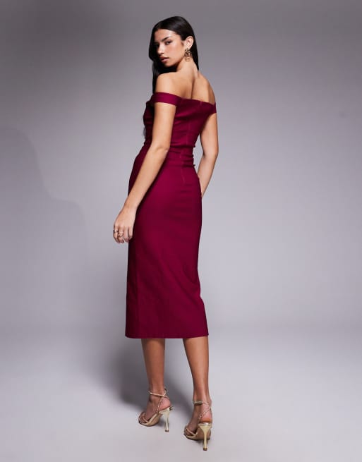 Vesper bengaline bardot sweetheart neckline slit front midi dress in berry, 2 of 4