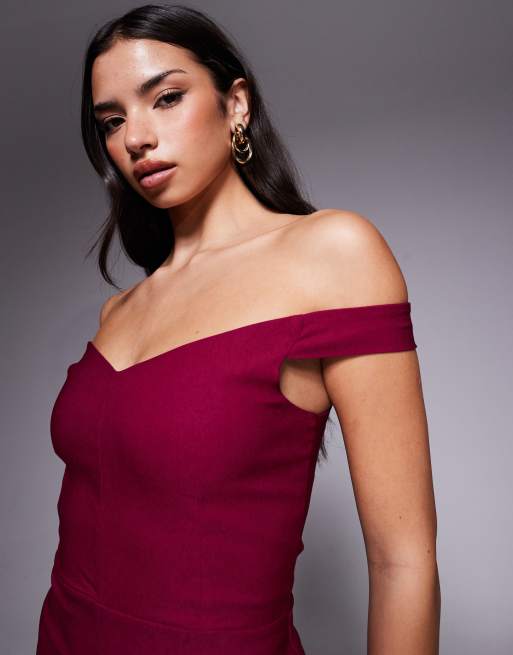 Vesper bengaline bardot sweetheart neckline slit front midi dress in berry, 4 of 4