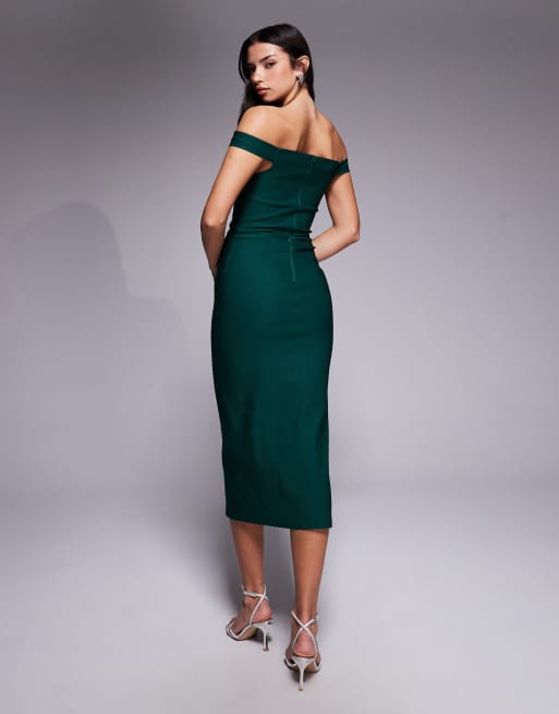 Vesper bengaline bardot sweetheart neckline slit front midi dress in forest green, 3 of 4