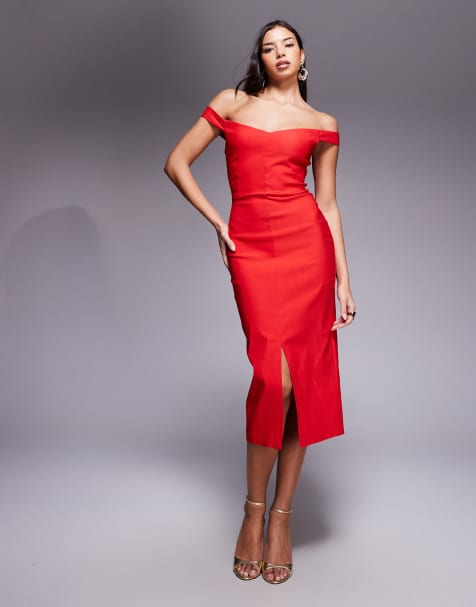 Vesper bengaline bardot sweetheart neckline split front midi dress in red - view 1