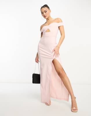 bengaline bardot thigh split maxi dress in pink