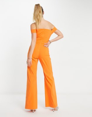 Vesper Bengaline Bardot Wide Leg Jumpsuit In Orange