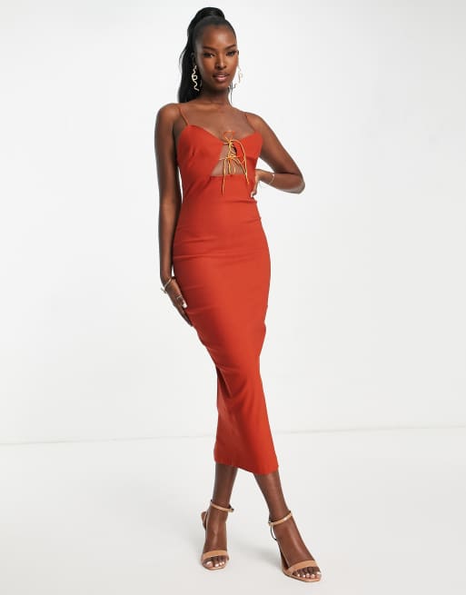 Vesper bengaline bodycon midi dress in rust