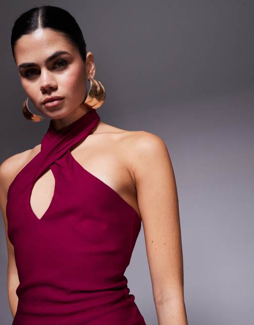 Vesper - Bengaline - Bærfarvet midaxikjole med halterneck og kryds foran samt nøglehul, 2 af 4