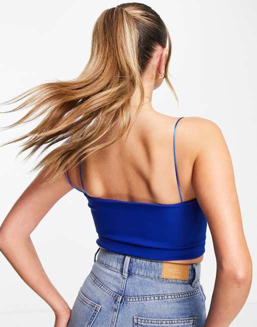 Vesper bengaline cami strap detail crop top in blue, 2 of 4