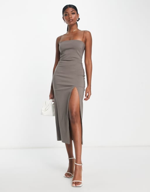 Vesper bengaline cami strap midi dress with thigh spilt in grey