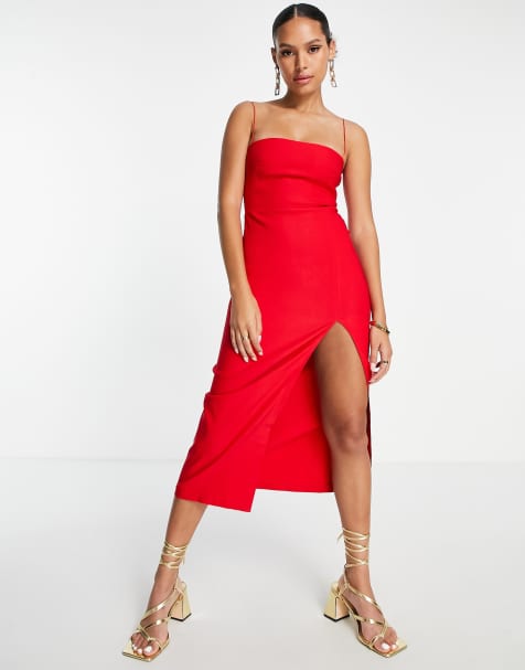 Vesper bengaline cami strap midi dress with thigh spilt in red - view 1