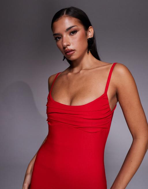 Vesper bengaline cami strappy ruched bust midaxi dress in red, 3 of 4