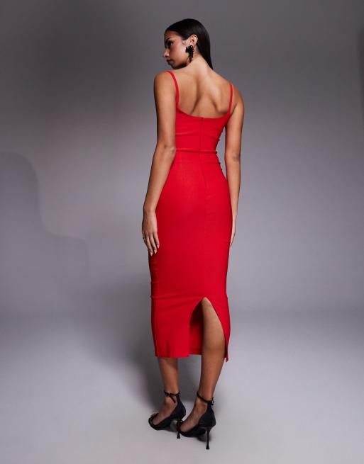 Vesper bengaline cami strappy ruched bust midaxi dress in red, 4 of 4