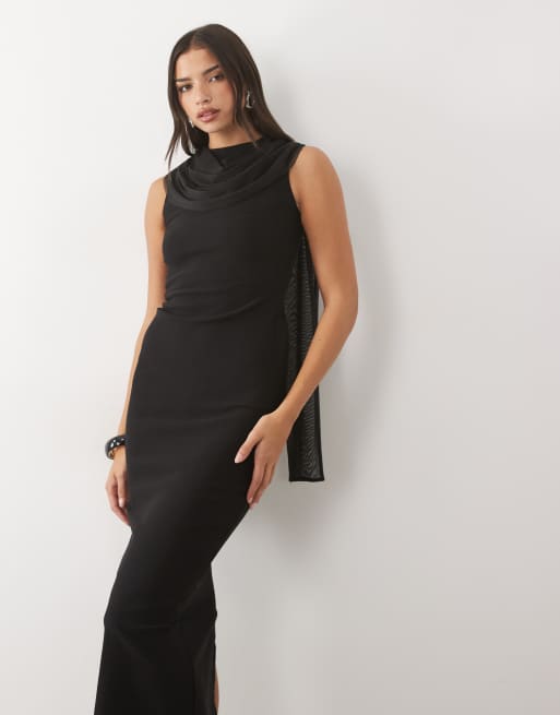 Vesper bengaline chiffon drape neck maxi dress in black, 2 of 4