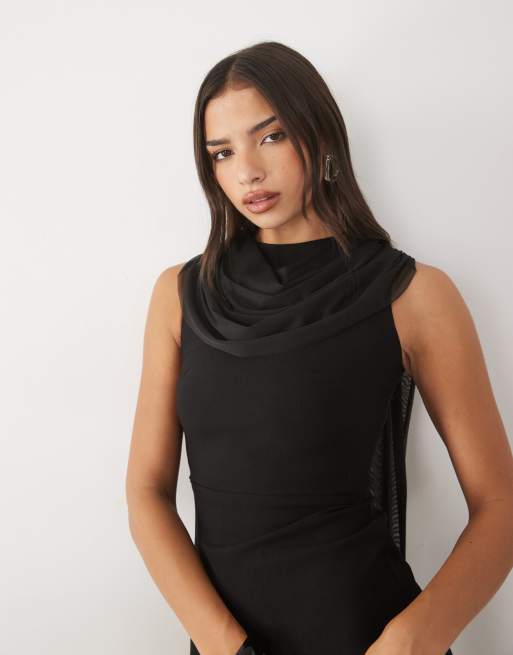 Vesper bengaline chiffon drape neck maxi dress in black, 3 of 4