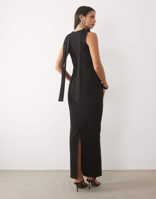 Vesper bengaline chiffon drape neck maxi dress in black, 4 of 4