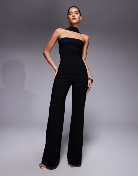 Vesper bengaline chocker detail wide leg jumpsuit in black - view 1