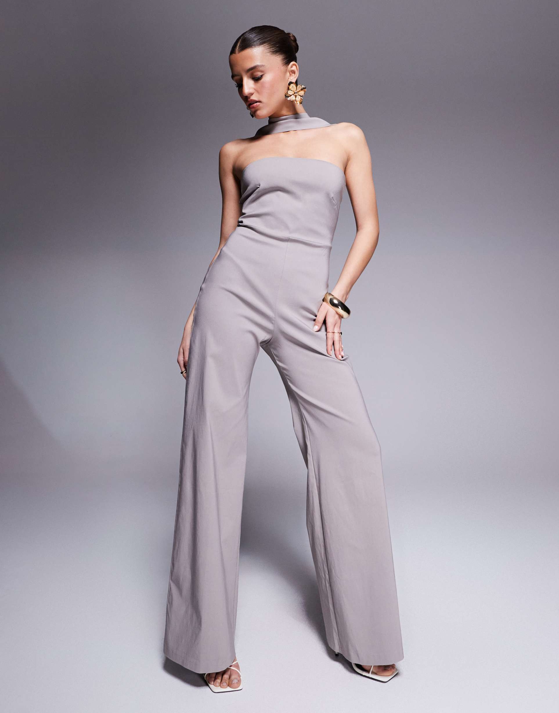 vesper bengaline choker detail bandeau jumpsuit in taupe