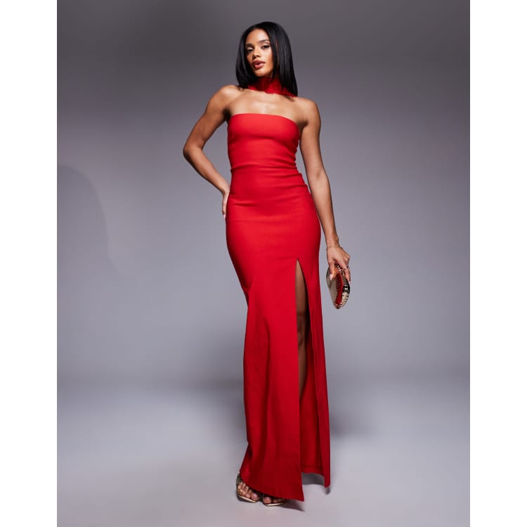 Vesper Bengaline Bandeau Square Edge Side Split Midaxi Dress in Red