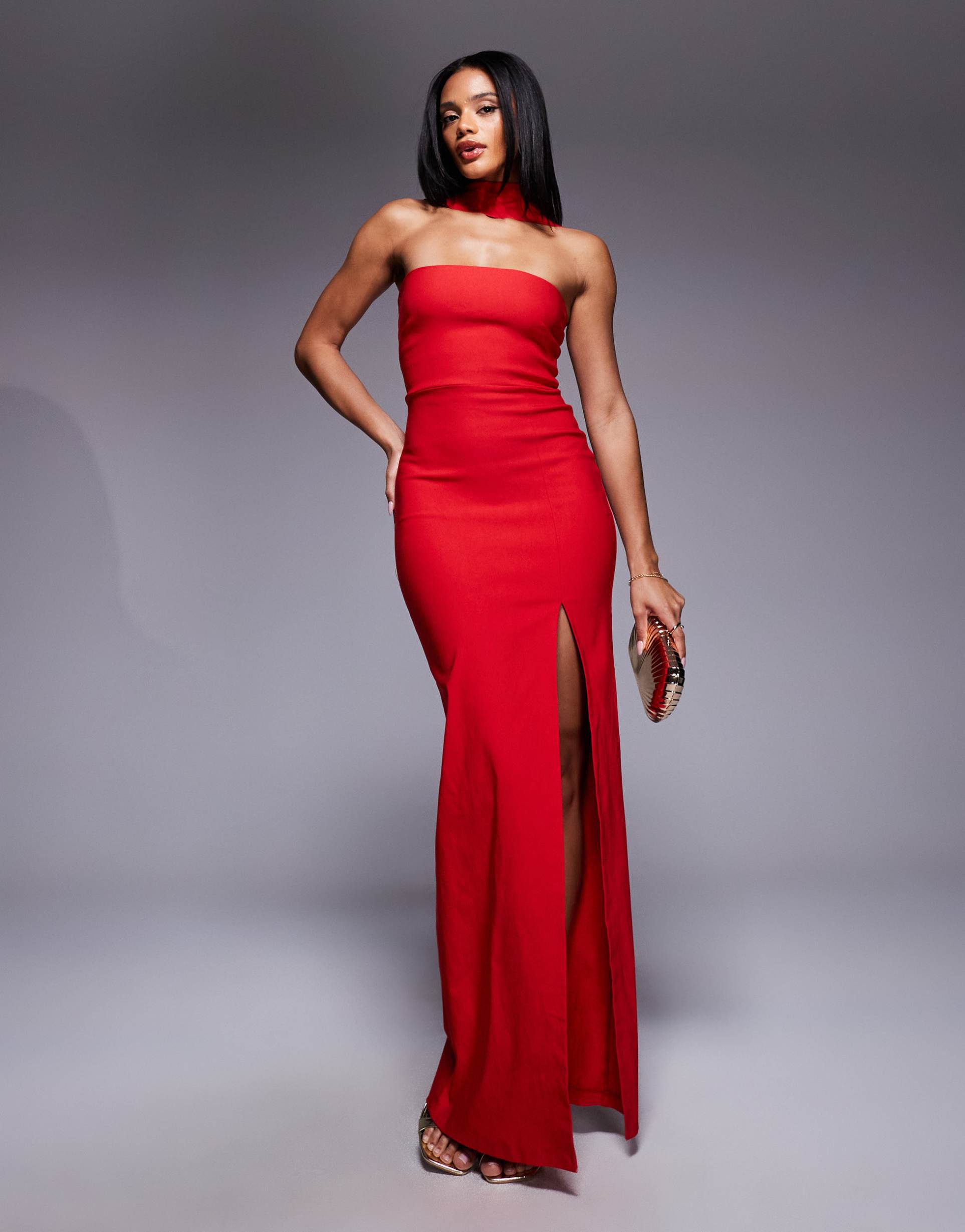 vesper bengaline choker neck detail bandeau side slit maxi dress in red