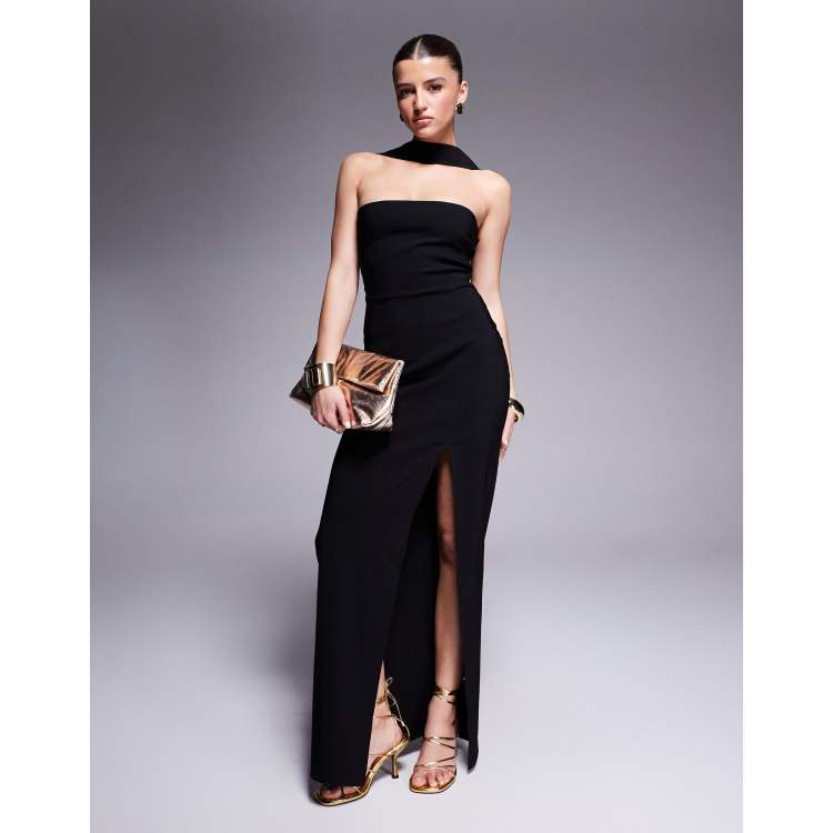 black crepe split side bandeau bodycon dress Aubree Crepe And Mesh Mini Dress - Black main image 0