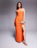 [Vesper] Vesper bengaline choker neck detail bandeau side split maxi dress in orange 6 ORANGE