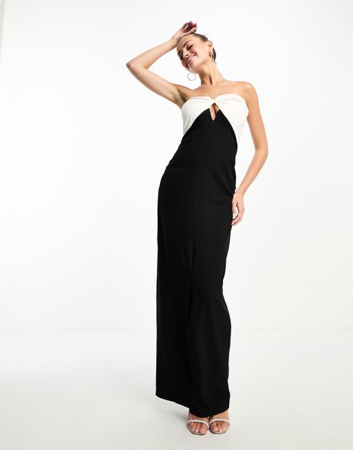 Vesper bengaline contrast halterneck maxi dress in black and white, 3 of 4