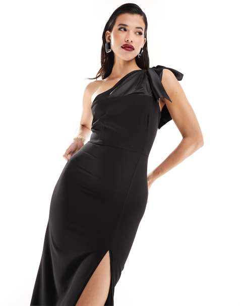 Vesper Bengaline contrast satin bow thigh spilt maxi dress in black - view 1
