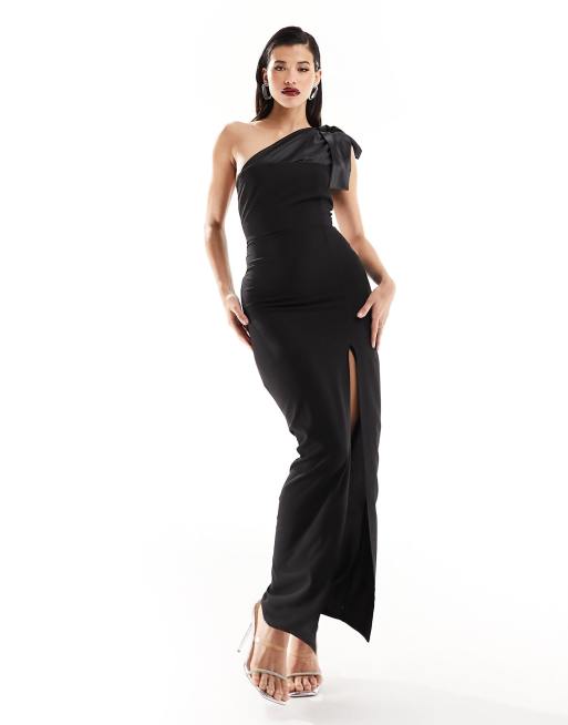 Vesper Bengaline contrast satin bow thigh spilt maxi dress in black, 2 of 4