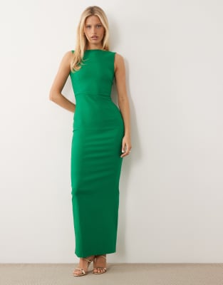 Vesper Bengaline Cowl Back High Neck Maxi Dress In Green