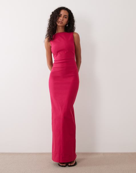 Vesper bengaline cowl back high neck maxi dress in fuschia - view 1