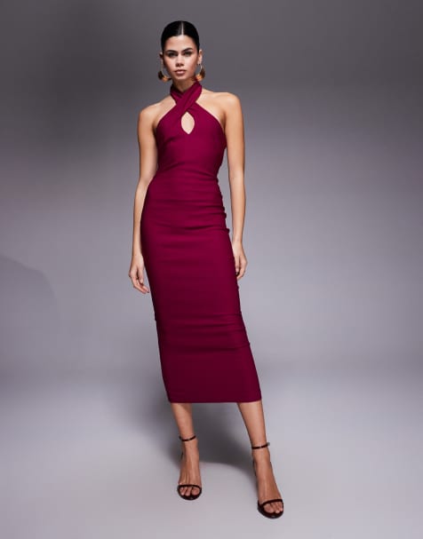 Vesper bengaline cross front halterneck keyhole detail midaxi dress in berry
